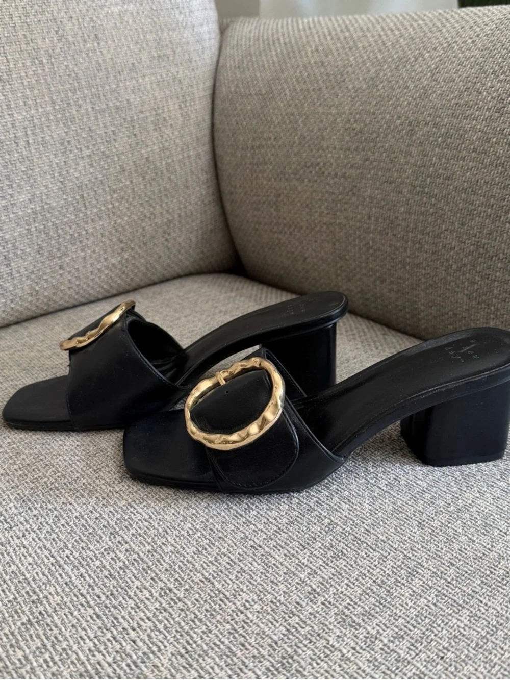A New Day- Black Slide Heeled Sandals with Gold Buckle - Picture 2 of 8